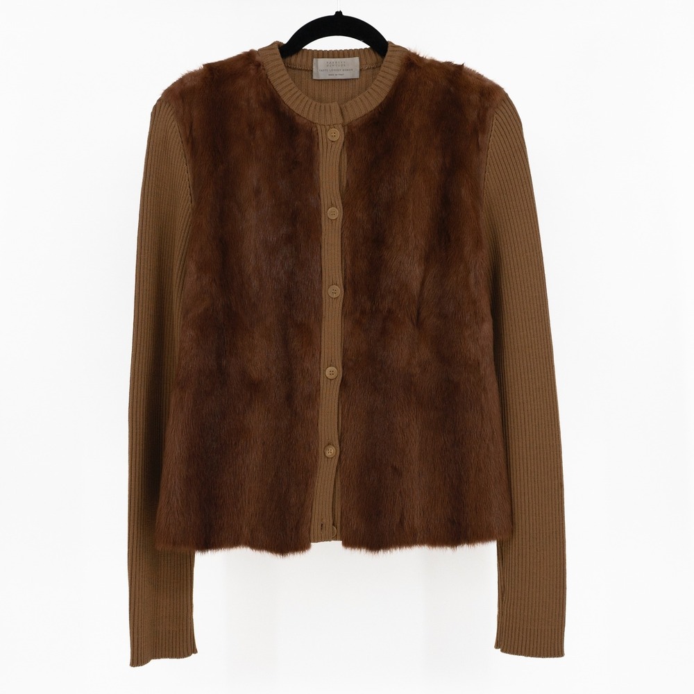 Barneys New York Genuine Fur Wool Cotton Knit Stretch Cardigan Sweater Brown L